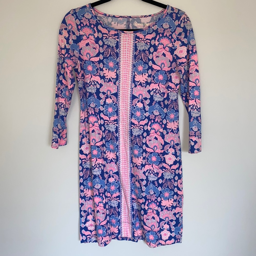 Lilly Pulitzer 3/4 Sleeved Shift Dress Size Small Pink & Blue Print